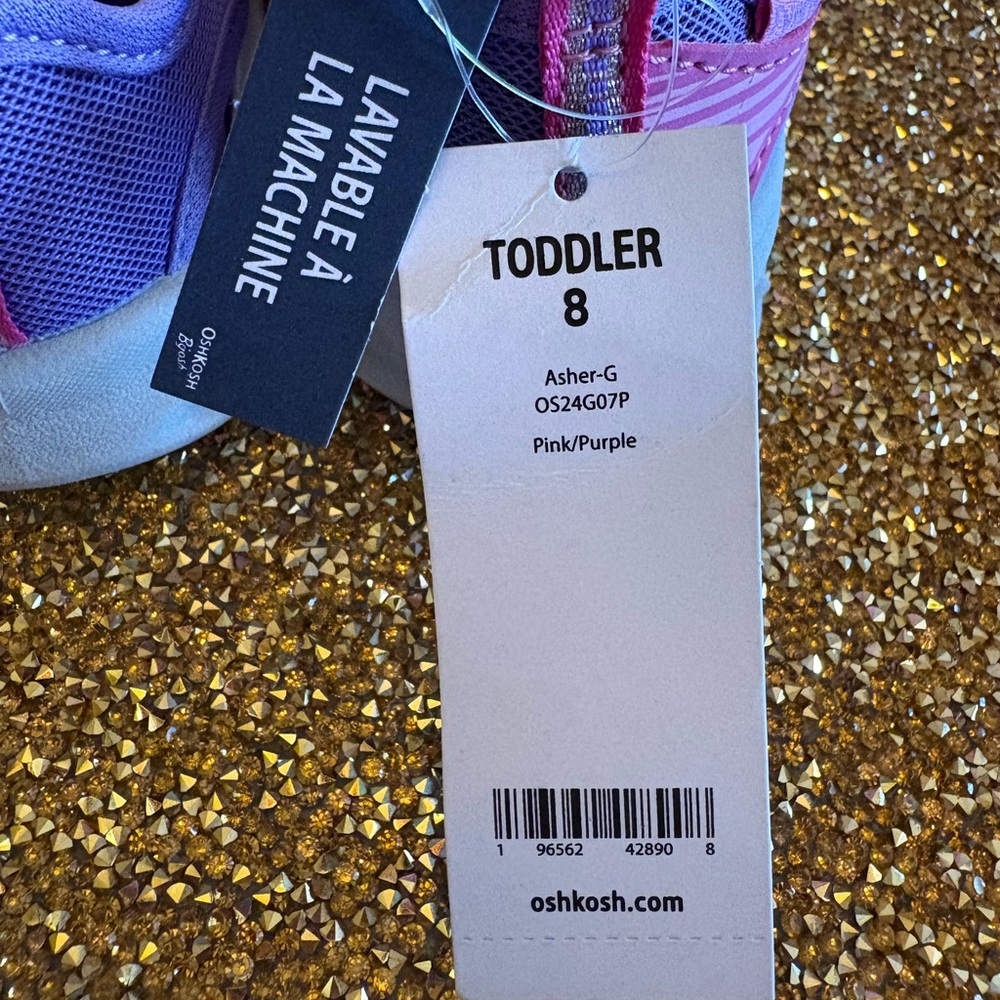 OshKosh B'gosh NWT Pink and Purple Kids Sneakers. Size 8 TOD. Machine Washable - Picture 2 of 7